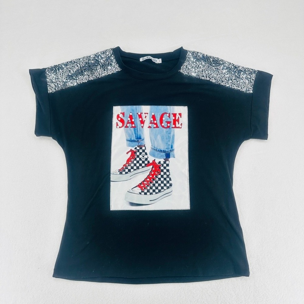 KoKo Ailis Savage Graphic Tee Sequin Shoulder Black Large